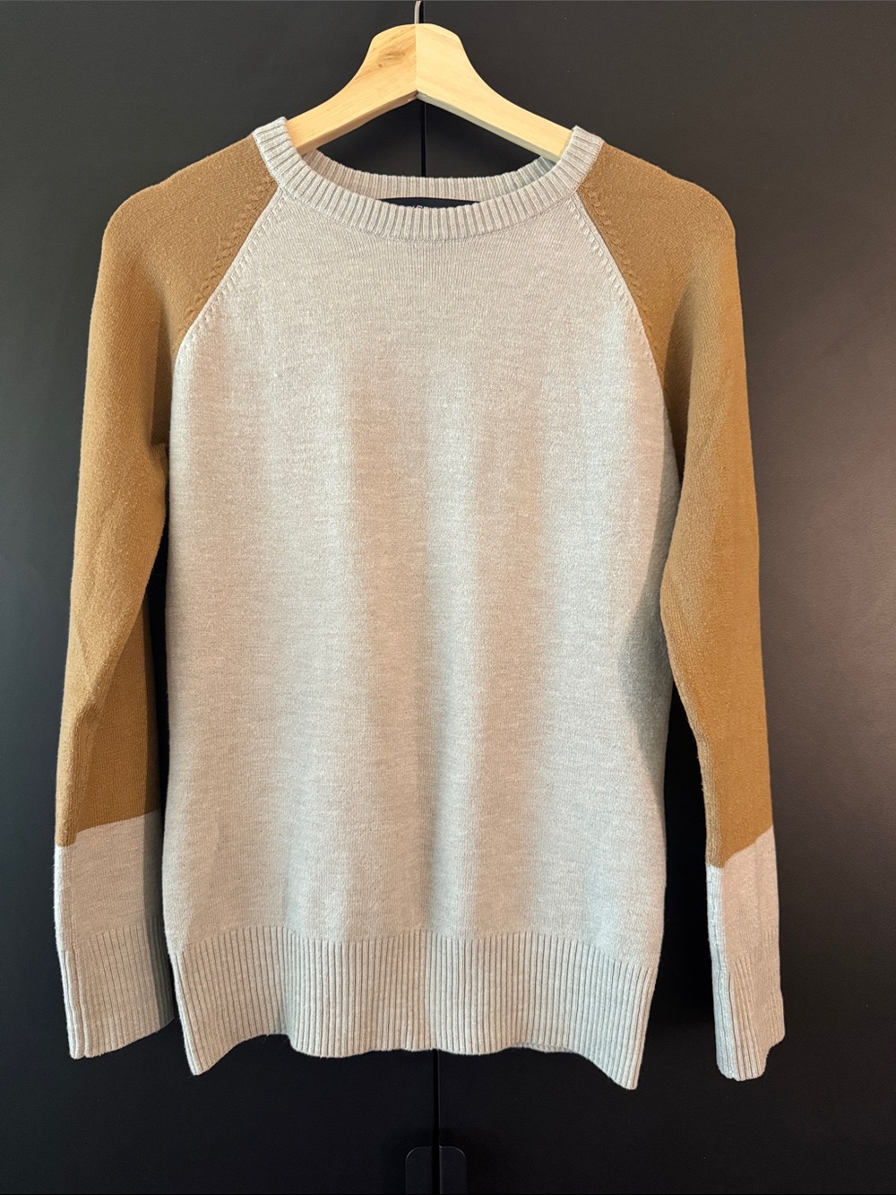 French Connection Two-Tone Crewneck Sweater in Light Blue and Camel Brown